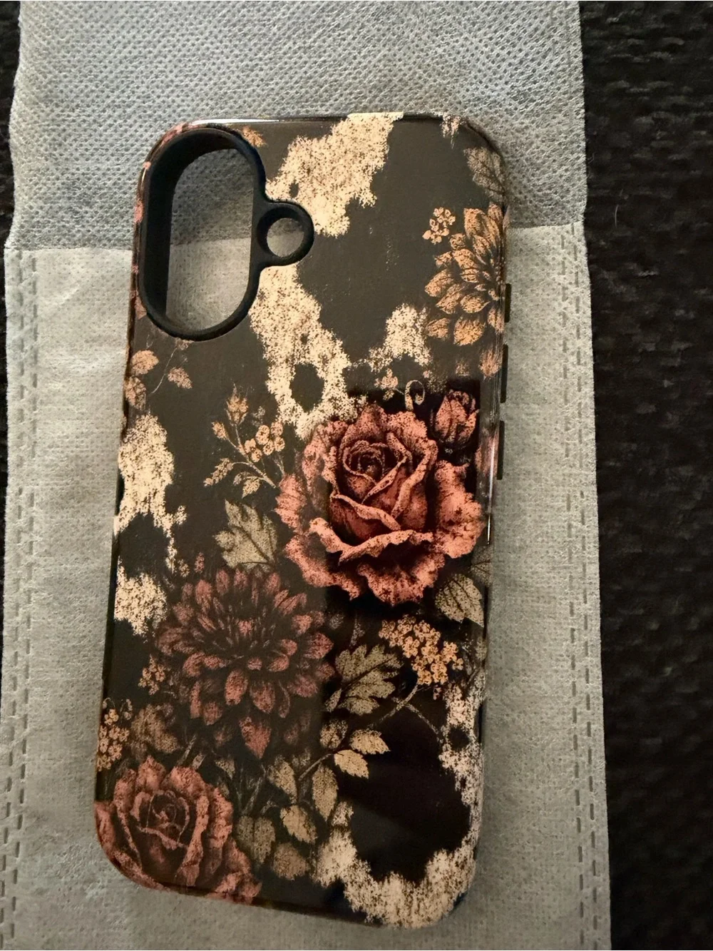 Floral Black Phone Case with Pink Rose Accents